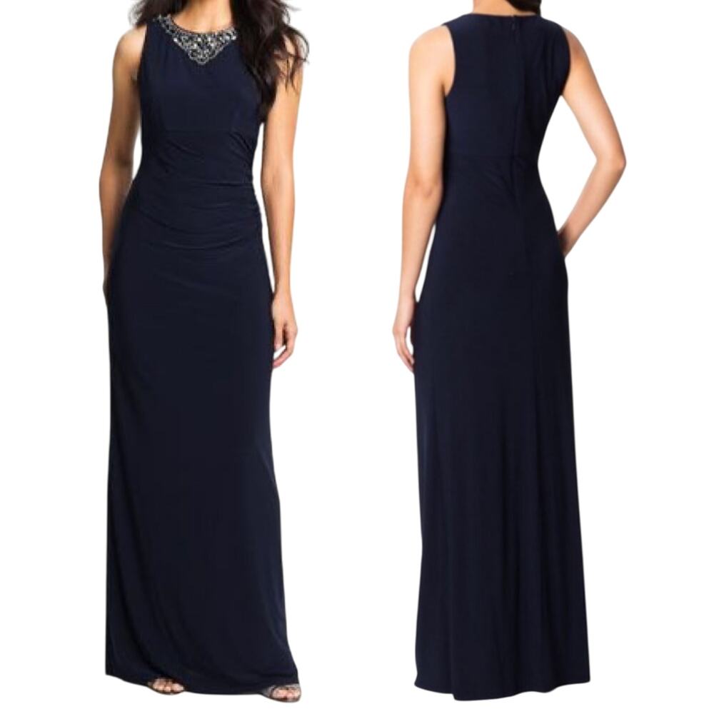 Eliza J Beaded Neckline Gown Sleeveless Draped Maxi Sheath Dress Navy Blue 8